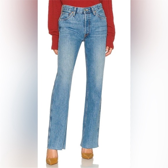 RE/DONE 90s High Rise Loose Jeans Button Fly Raw Hem Medium Wash Size 23 - Picture 1 of 15